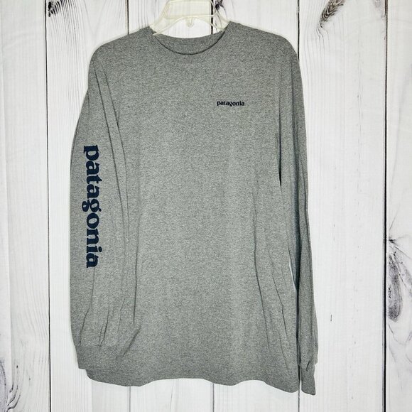 Patagonia Long Sleeve T-Shirt Sz M Gray Spellout Sleeve Logo Responsibili-tee - Picture 1 of 8